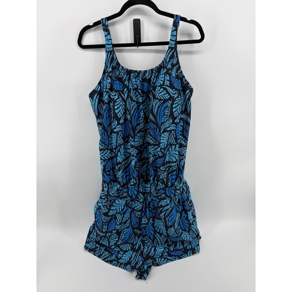 BloomChic, Floral Swim Romper, Blue Feather Pattern, Pockets, Padded, Size 14-16